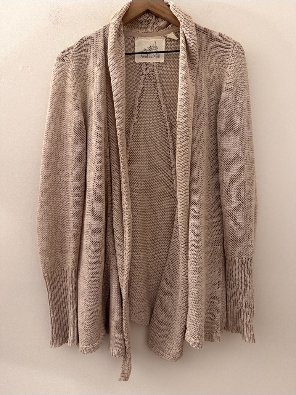 Angel of the North beige tan open front Cardigan Linen blend long sleeve slouchy